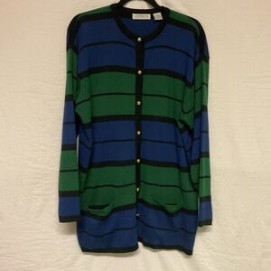 Vintage Liz Claiborne Striped Cardigan Size Large Green Blue Gold Button Preppy‎
